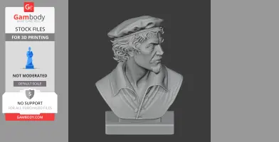 Bust of a historical warrior, detailed curls, wearing a cap, and a collared shirt on a pedestal.