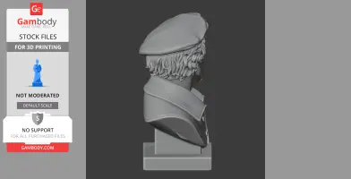3D model of a historical bust with a beret and detailed clothing on a pedestal.