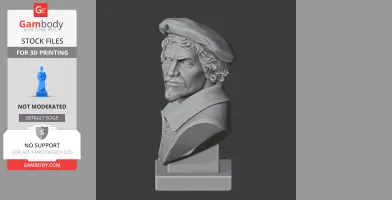 A detailed 3D bust of a historical warrior wearing a beret, with curly hair and a goatee.