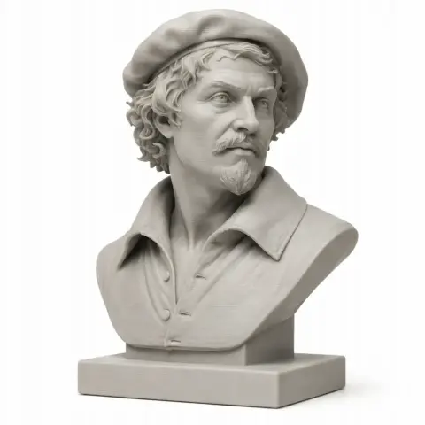 A detailed bust of a historical warrior with a beret, beard, and collar, ready for 3D printing.