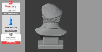 A 3D model of a historical bust, viewed from the back, with a beret and a high-collared garment.