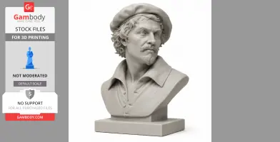 A detailed 3D bust of a historical warrior with a beret and a goatee, designed for 3D printing.