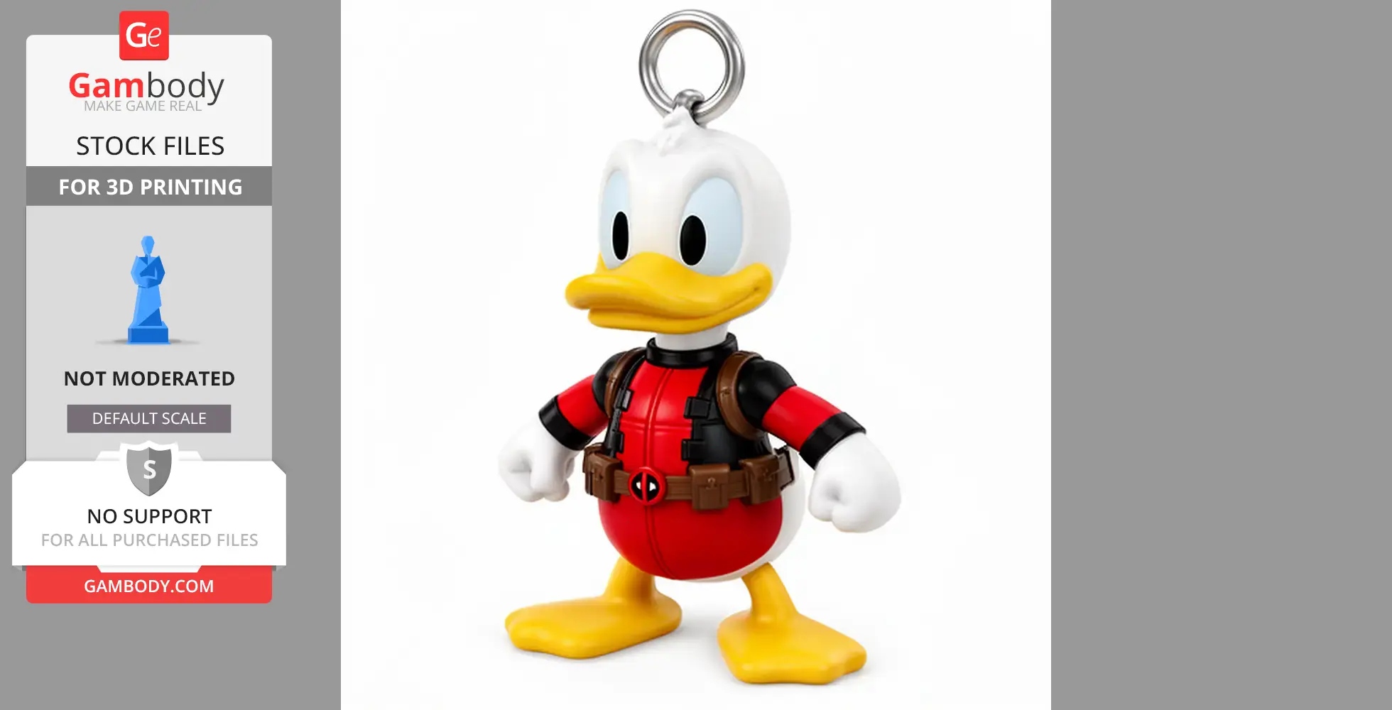 Donald Duck in Deadpool attire as a keychain, with a red and black suit and pouches.