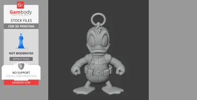 A 3D model of a Donald Duck and Deadpool mashup figure with a ring on its head, designed for 3D printing.