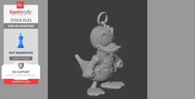 A 3D model mashup of a cartoon duck in a superhero costume with a utility belt and ring on its head.