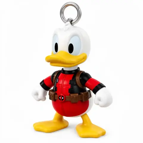 A duck character in a red and black superhero outfit with a utility belt and a ring on its head.