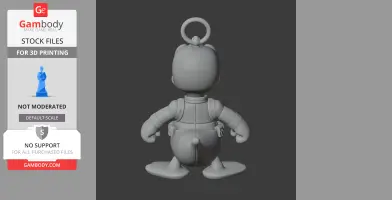 A 3D model of a mashup figure with duck-like features and superhero attire, featuring a loop on its head.