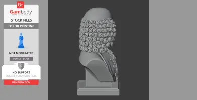 A gray 3D-printed bust with intricate circular designs on a stand, side view.
