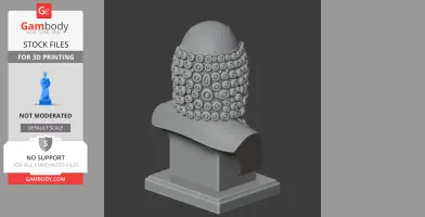 A 3D bust model of a warrior with a detailed helmet and armor, set on a square pedestal base.