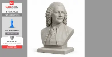 A detailed bust of an 18th-century man with curly hair, dressed in period attire, on a square base.