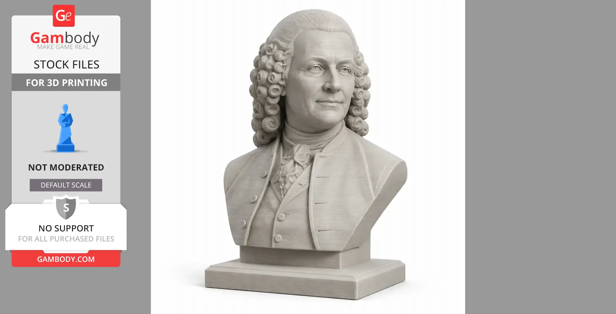 A detailed bust of an 18th-century man with curly hair, dressed in period attire, on a square base.