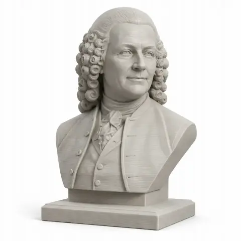 Bust of a historical figure with curly hair on a rectangular base.