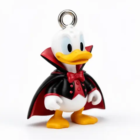 A duck character in a Dracula cape and bow tie, designed as a charm or ring figure.