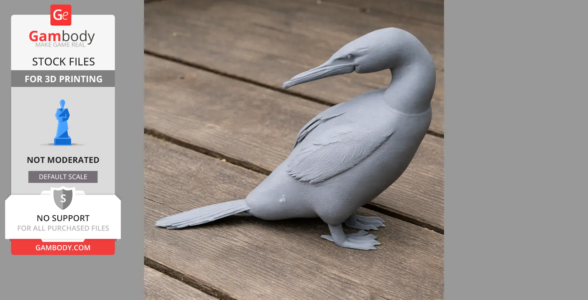 A detailed 3D-printed model of a flightless cormorant, positioned on a wooden surface.