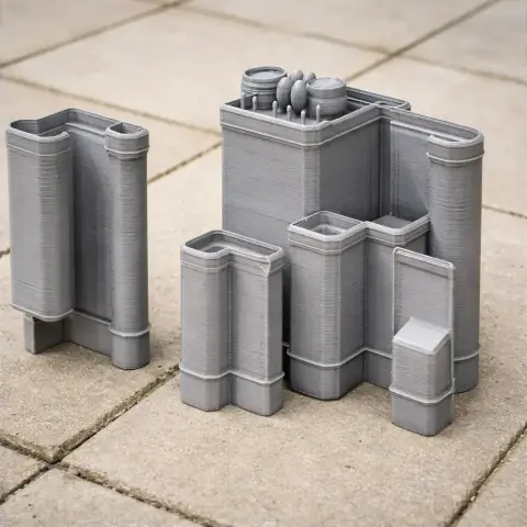 A gray 3D-printed architectural structure with multiple cylindrical towers on a tiled surface.