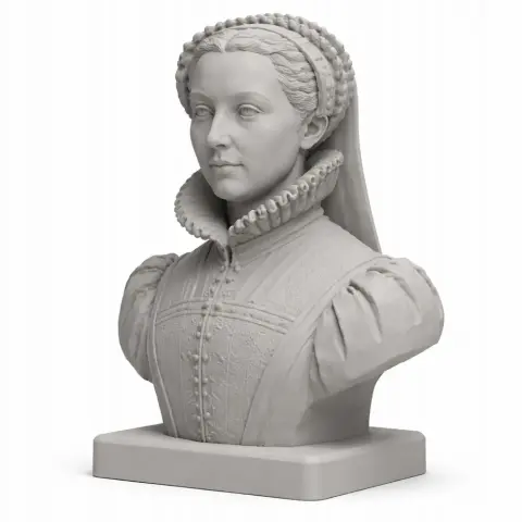 Bust of a woman in detailed historical attire, with intricate braids, on a square base.