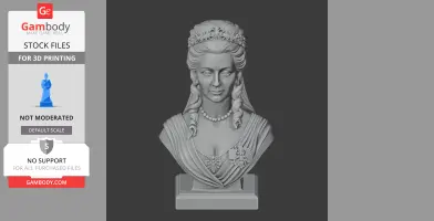 Bust of a historical female figure with ornate hair, crown, necklace, and detailed clothing on a pedestal.