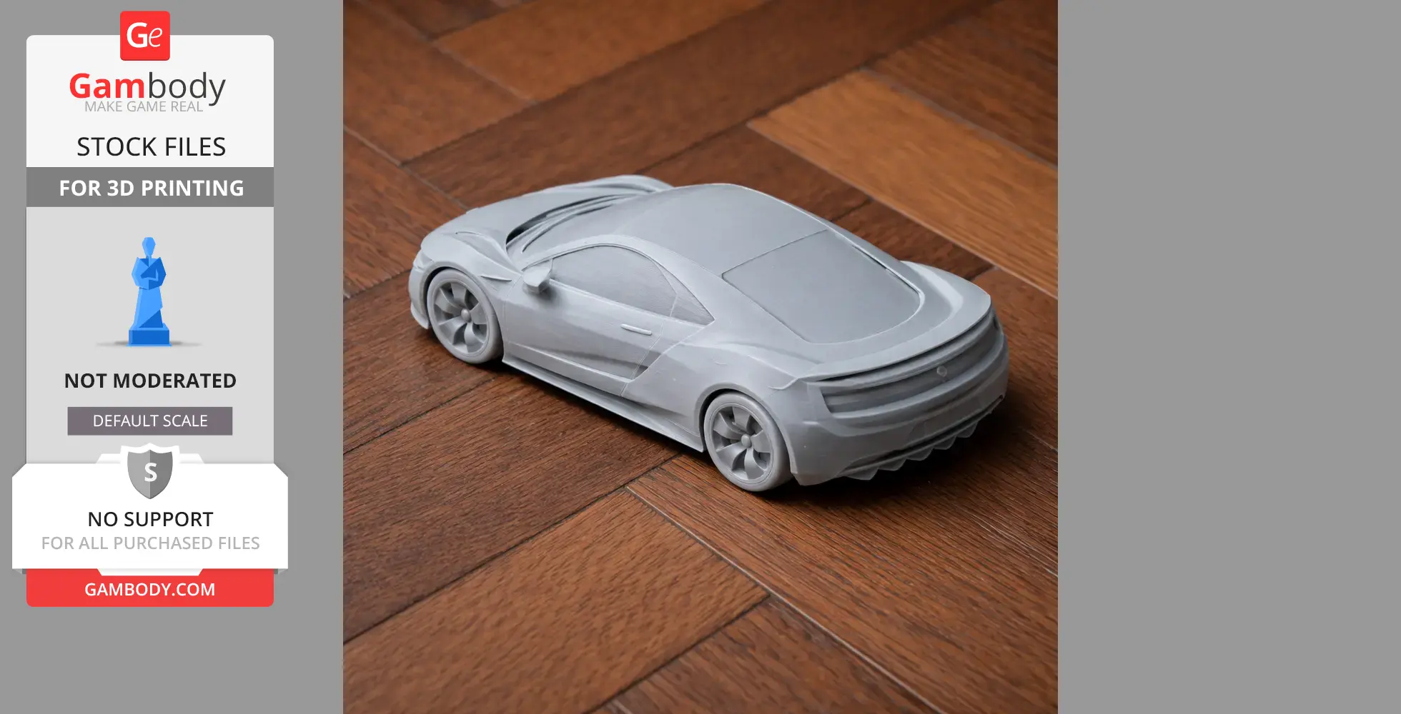 3D-printed Acura NSX model on a wooden surface, viewed from the rear side.