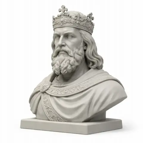 Bust of Charlemagne wearing a crown and robe, detailed classical sculpture style for 3D printing.