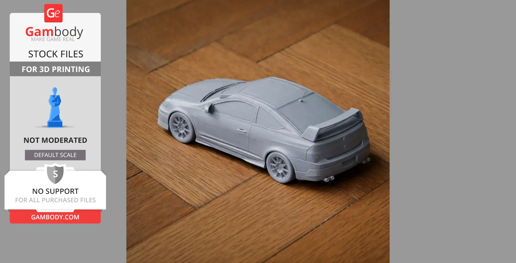 Gray 3D-printed model of an Acura RSX car on a wooden surface.