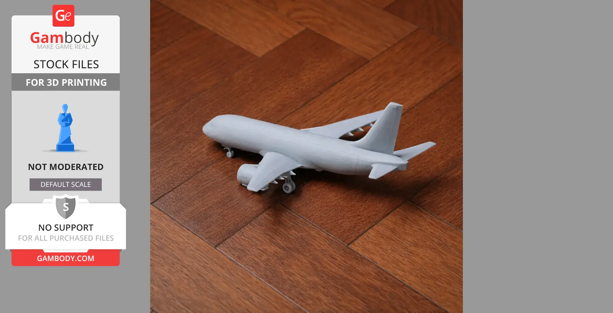 A 3D printed scale model of an Airbus A220 airplane on a wooden floor.