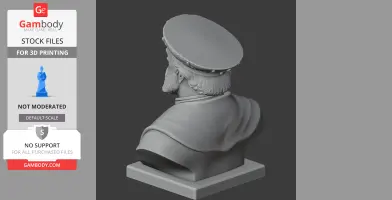 3D model of a warrior bust with a hat and cloak, shown from the back, on a square base.