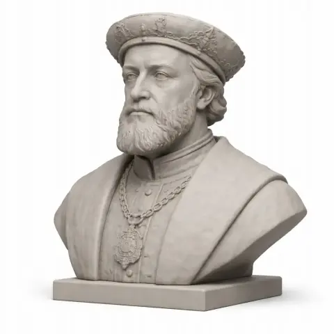A detailed bust of a bearded man in historical attire and a decorated hat on a rectangular base.