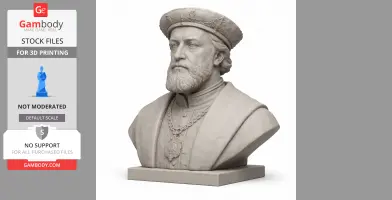 Bust of a historical warrior with a beard and decorative hat, wearing a medallion and robe.