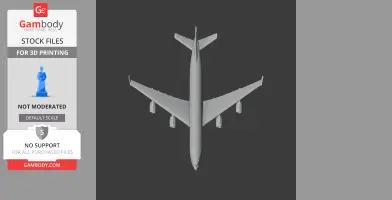 Top view of a 3D printable Airbus A340 model in gray on a dark background.