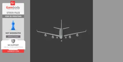 Front view of a 3D model of an Airbus A340 for 3D printing, with wings and landing gear visible.