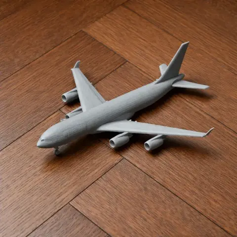 A 3D-printed model of an Airbus A340 aircraft on a wooden surface.
