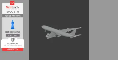 3D model of an Airbus A340 airplane, designed for 3D printing, shown in grayscale.