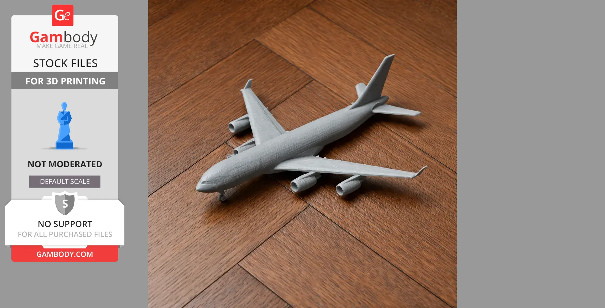 3D printed model of an Airbus A340 aircraft on a wooden surface.