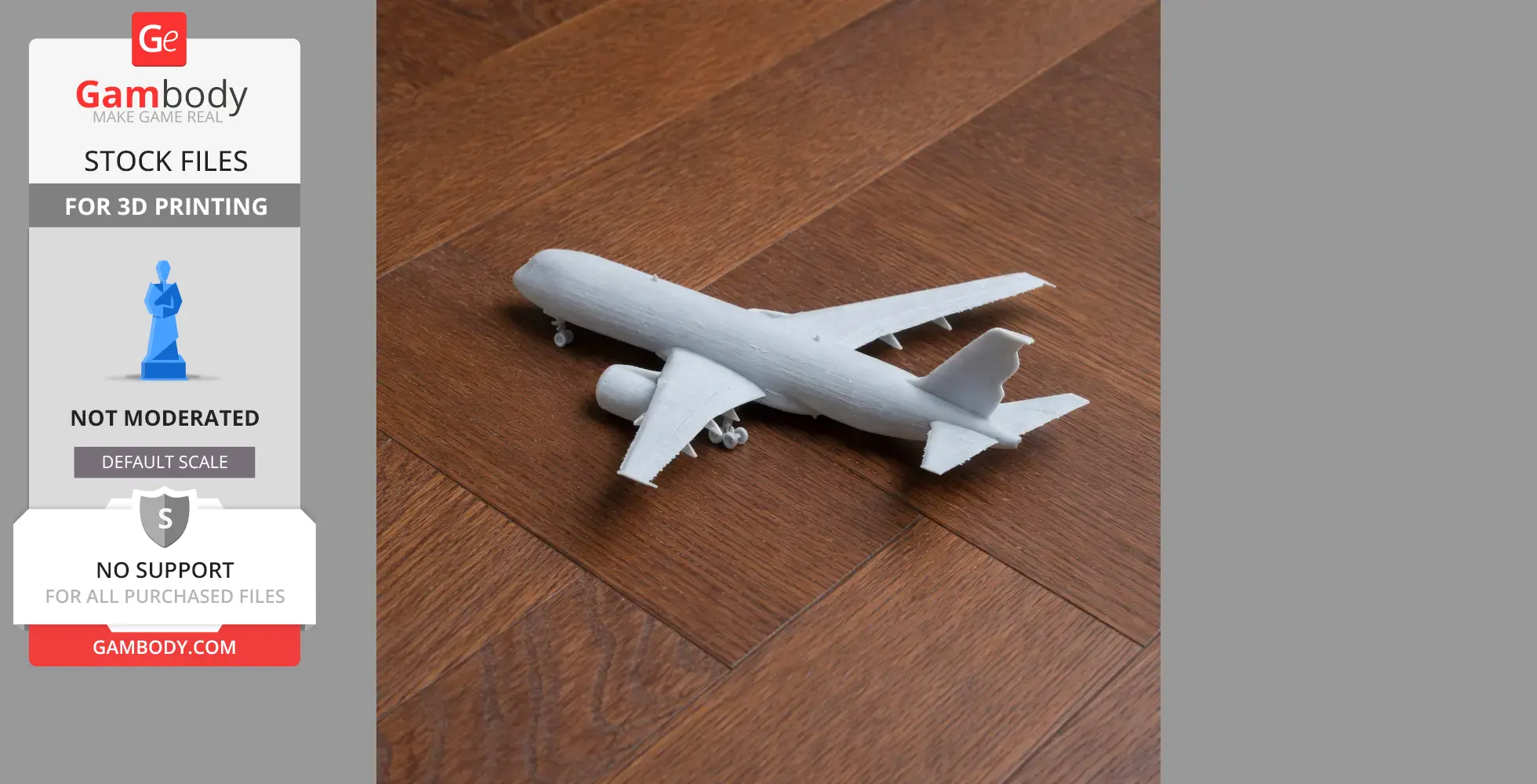 A white 3D-printed Airbus A350 model on a wooden surface, viewed from above.