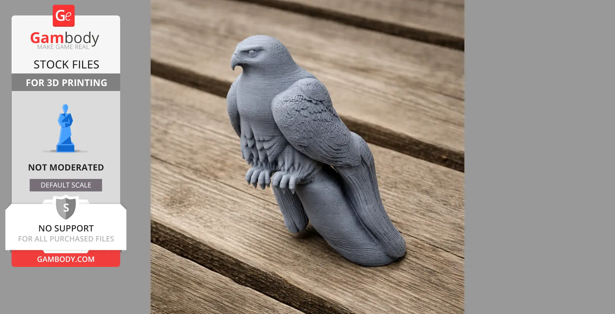 3D model of a perched Gyrfalcon with detailed feathers on a wooden surface.
