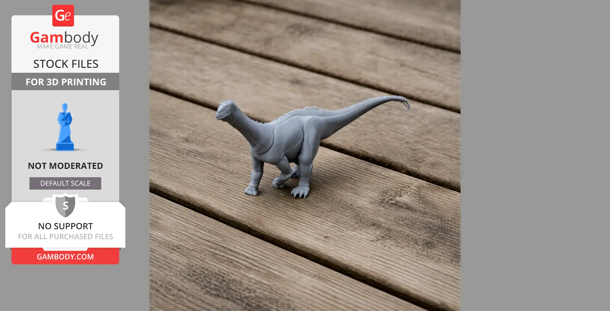 Gray 3D printed model of a Haplocanthosaurus dinosaur on a wooden surface.