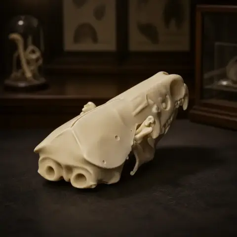 3D-printed model of an armored shrew skull, featuring detailed bone structure and plating.