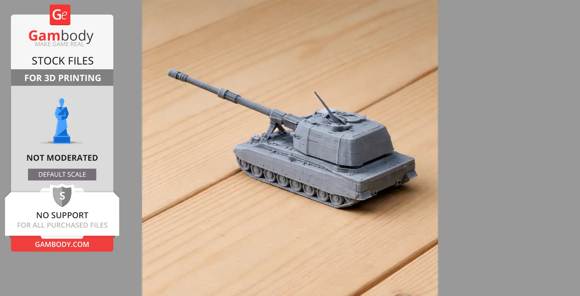 Gray 3D-printed model of a tank on a wooden surface.