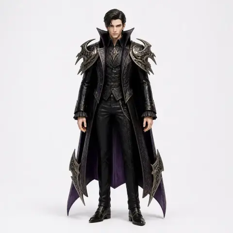Detailed 3D figure of a dark-armored character with ornate shoulder guards and long coat.