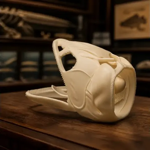 3D-printed Asian Arowana skull replica on a wooden table in a museum-like setting.