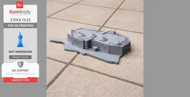 Gray 3D-printed model of Al-Faw Palace on a tiled surface, showcasing detailed architectural features.