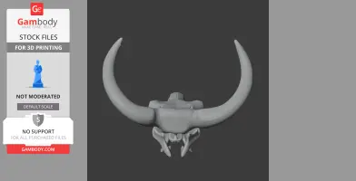 Gray aurochs skull model with large, curved horns, viewed from the front for 3D printing.
