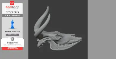 3D model of an Aurochs skull with long, curved horns, viewed from the side for 3D printing.