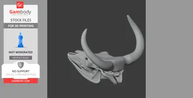 3D model of an aurochs skull with large curved horns, designed for 3D printing.