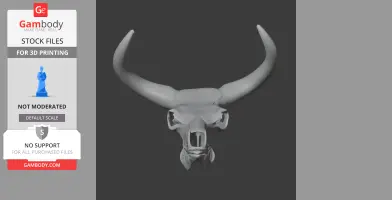 Aurochs skull model with large curved horns, displayed for 3D printing on a dark background.