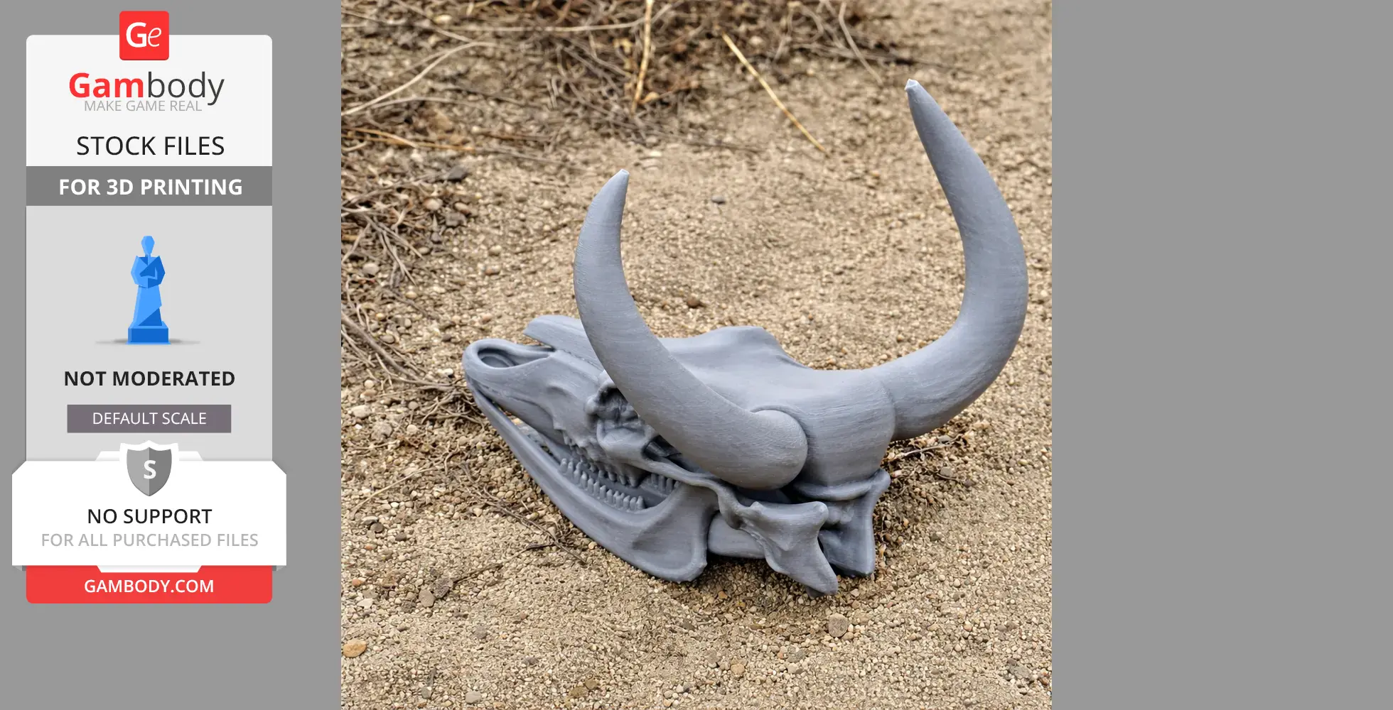 A 3D-printed aurochs skull replica with large curved horns, placed on sandy ground.