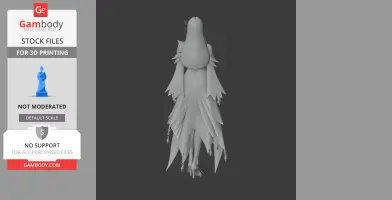 A 3D model of a character with long hair and a flowing, layered dress, designed for 3D printing.