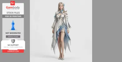Elegant female figurine in ornate white and blue attire with gold details, designed for 3D printing.