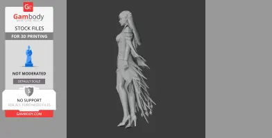 Side view of a detailed female figurine with long hair and layered outfit, designed for 3D printing.