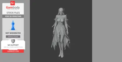 A detailed 3D model of a female character in a flowing, intricate dress, designed for 3D printing.